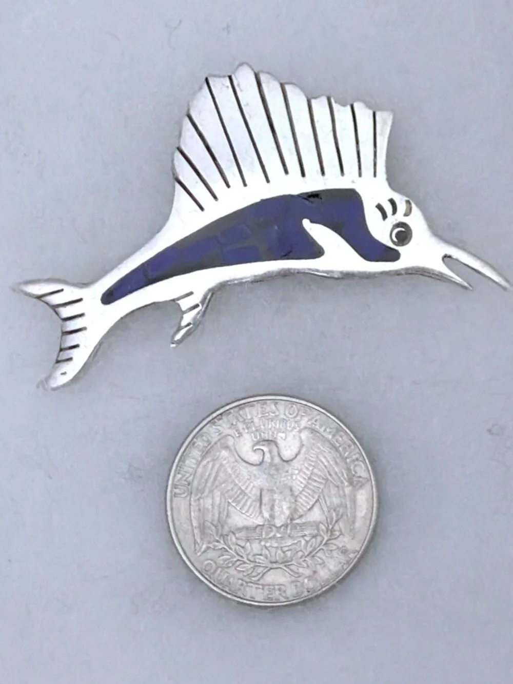 Vintage Mexico Sterling Silver 925 Blue Inlay Black Enamel Sailfish Brooch Pin